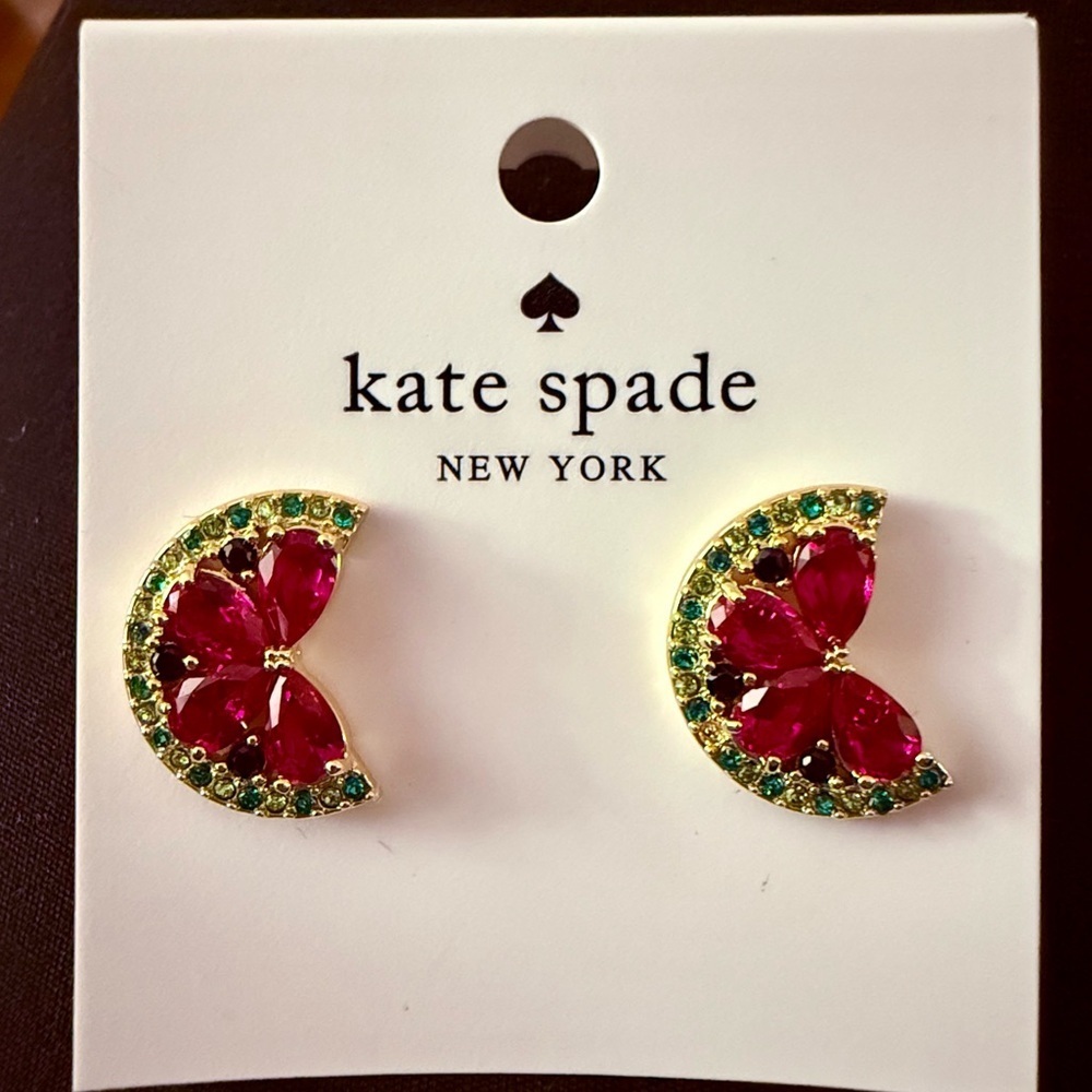 kate spade Gold-Tone Pink Petal & Green Crystal Crescent Stud Earrings - Picture 1 of 4